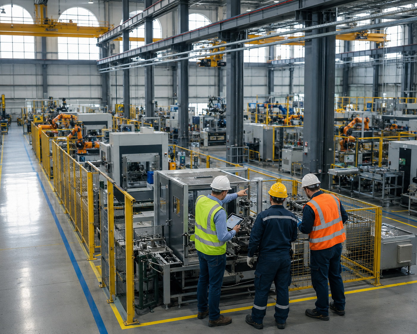 Industrial specialists reviewing production equipment in a manufacturing facility